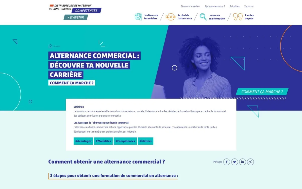 Haut de l'article en ligne : le titre « Alternance commercial : découvre ta nouvelle carrière » sur bandeaux indigo, l'encadré définition avec ses mots-dièse, puis l'intertitre « Comment obtenir une alternance commercial ? ».