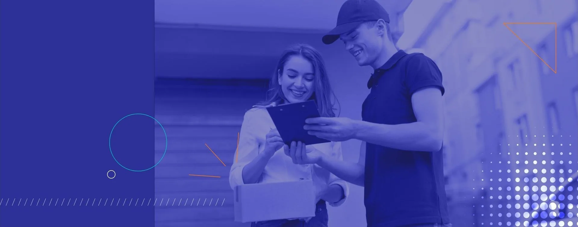 En-tête d'article : un livreur et une cliente consultent un bon de livraison, photo passée en indigo, avec un cercle turquoise, des traits orange et une trame de points.