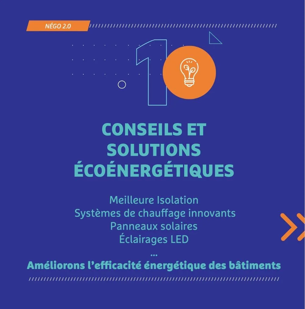 Slide 1 : « Conseils et solutions écoénergétiques », meilleure isolation, chauffage innovant, panneaux solaires, éclairage LED.