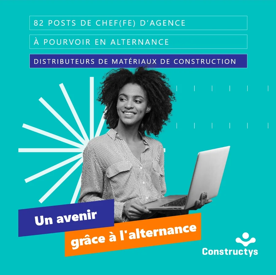 Post « 82 postes de chef(fe) d'agence à pourvoir en alternance » : une jeune femme à l'ordinateur sur fond turquoise, et les bandeaux inclinés « Un avenir grâce à l'alternance ».