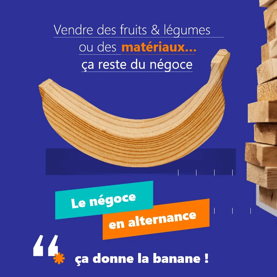 Post « Le négoce en alternance, ça donne la banane ! » : une banane taillée dans le bois sur fond indigo, sous la phrase « Vendre des fruits et légumes ou des matériaux, ça reste du négoce ».