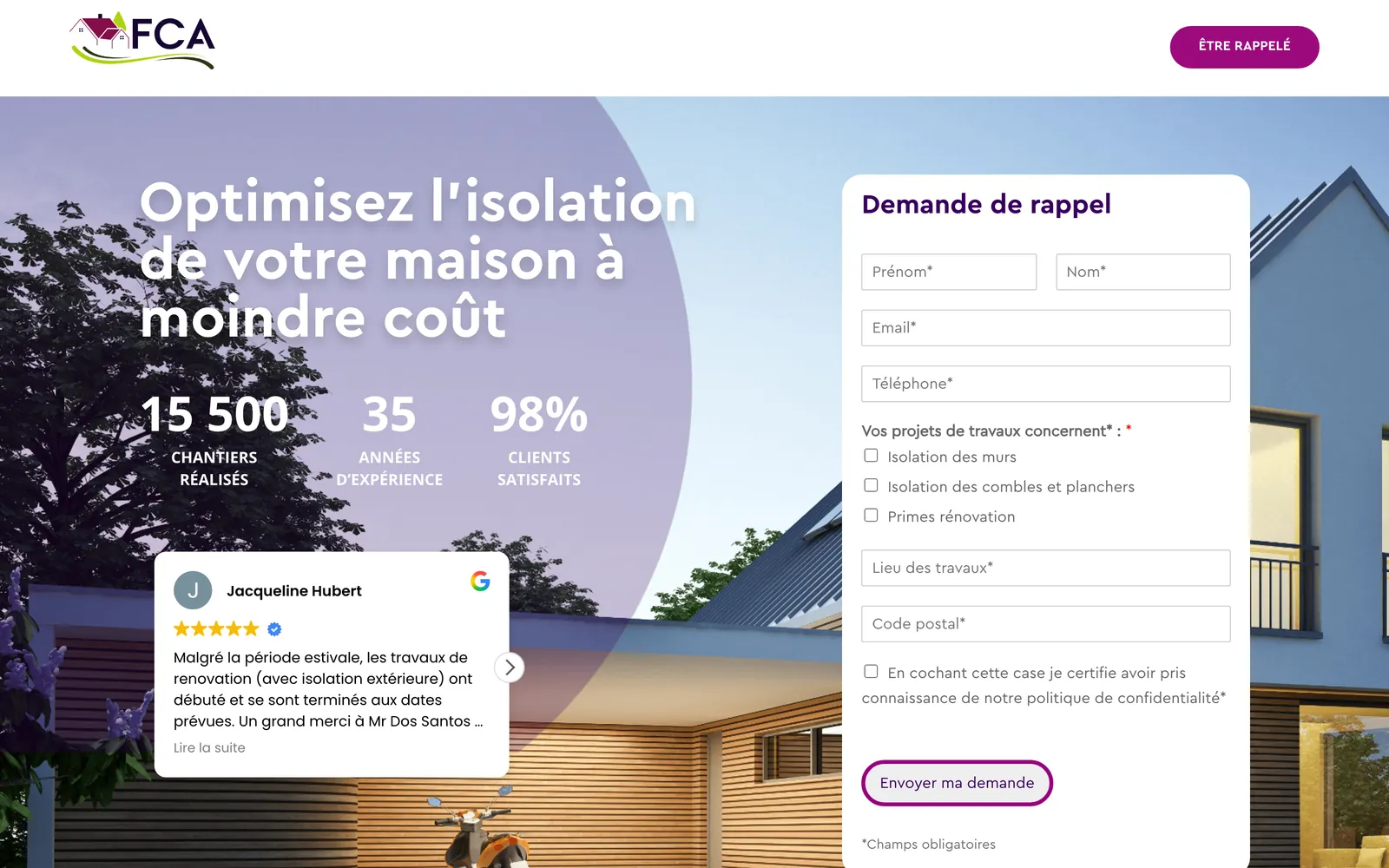 Premier écran de la landing isolation : le titre « Optimisez l'isolation de votre maison à moindre coût », les chiffres 15 500 chantiers, 35 ans et 98 % de clients satisfaits, deux avis Google, et à droite le formulaire « Demande de rappel ».