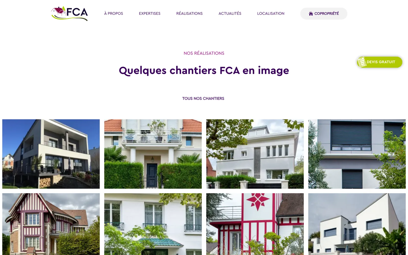 Page Réalisations : « Quelques chantiers FCA en image », une grille de photos de maisons rénovées.