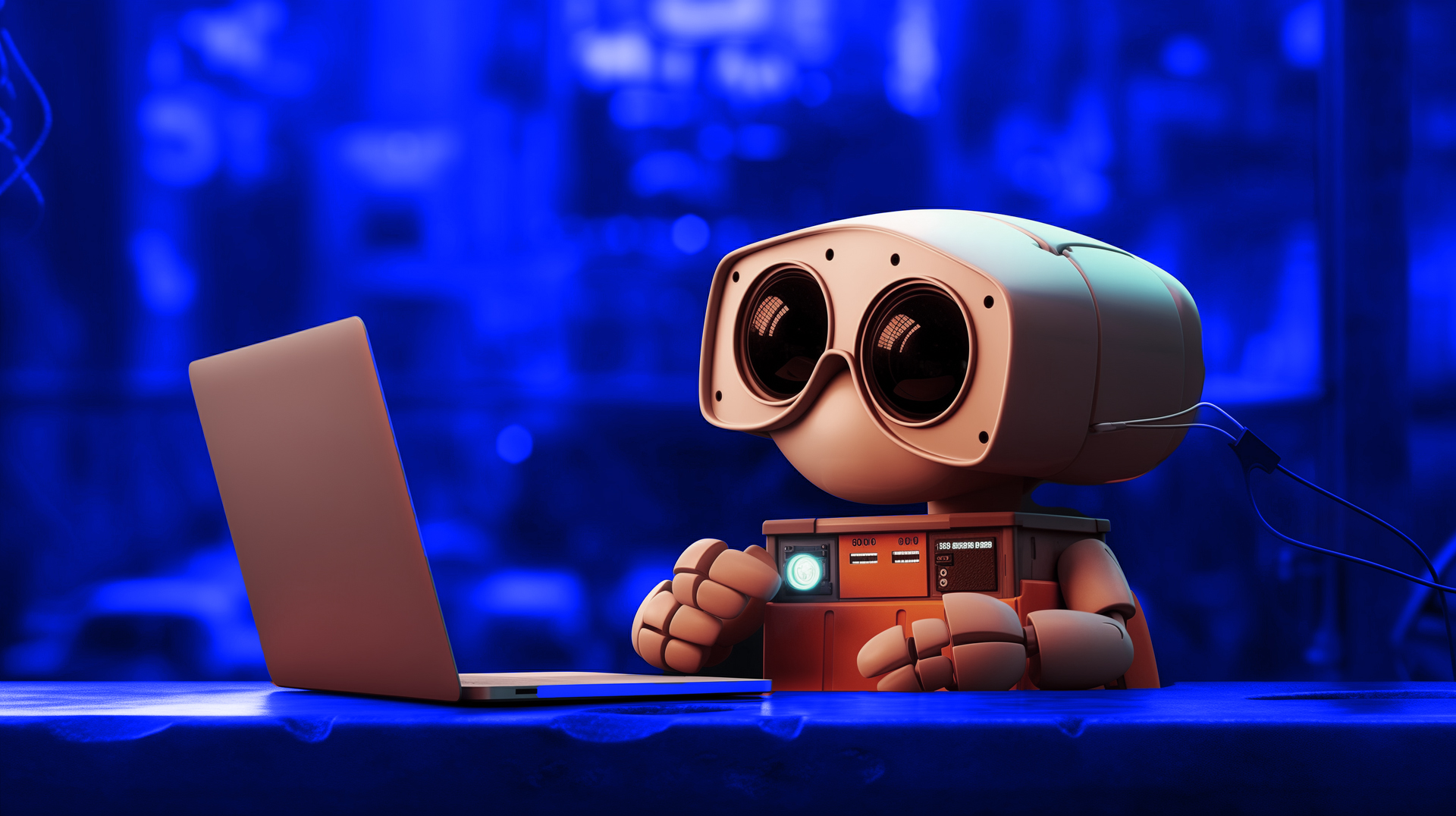 robot Wall-E qui utilise un ordinateur portable, avec des lumières bleues dans le fond
