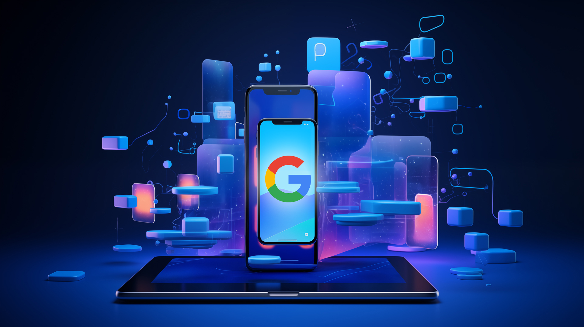 une tablette posé à plat avec deux smartphones debout l'un sur l'autre, celui en premier plan avec le logo de Google, sur un fond noir avec une lumière bleu et des formes en 3D en fond
